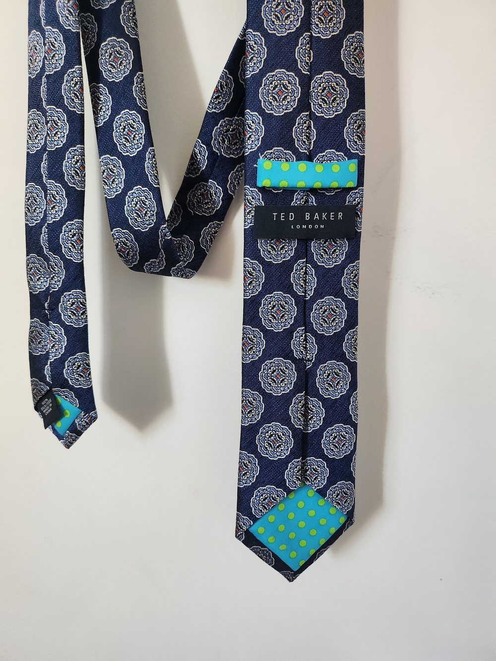 Ted Baker Navy Silk Medallion Tie with Lime Dot Accents